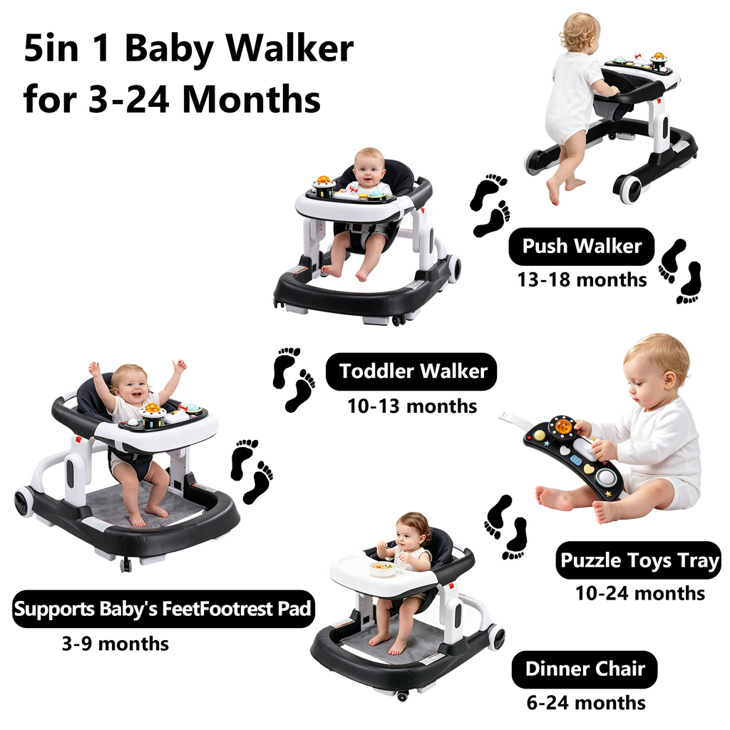 PRVAETU 4-in-1 Baby Walker with Wheels, Adjustable Height, Music and Light for Girls Boys Infant 6-18 Months