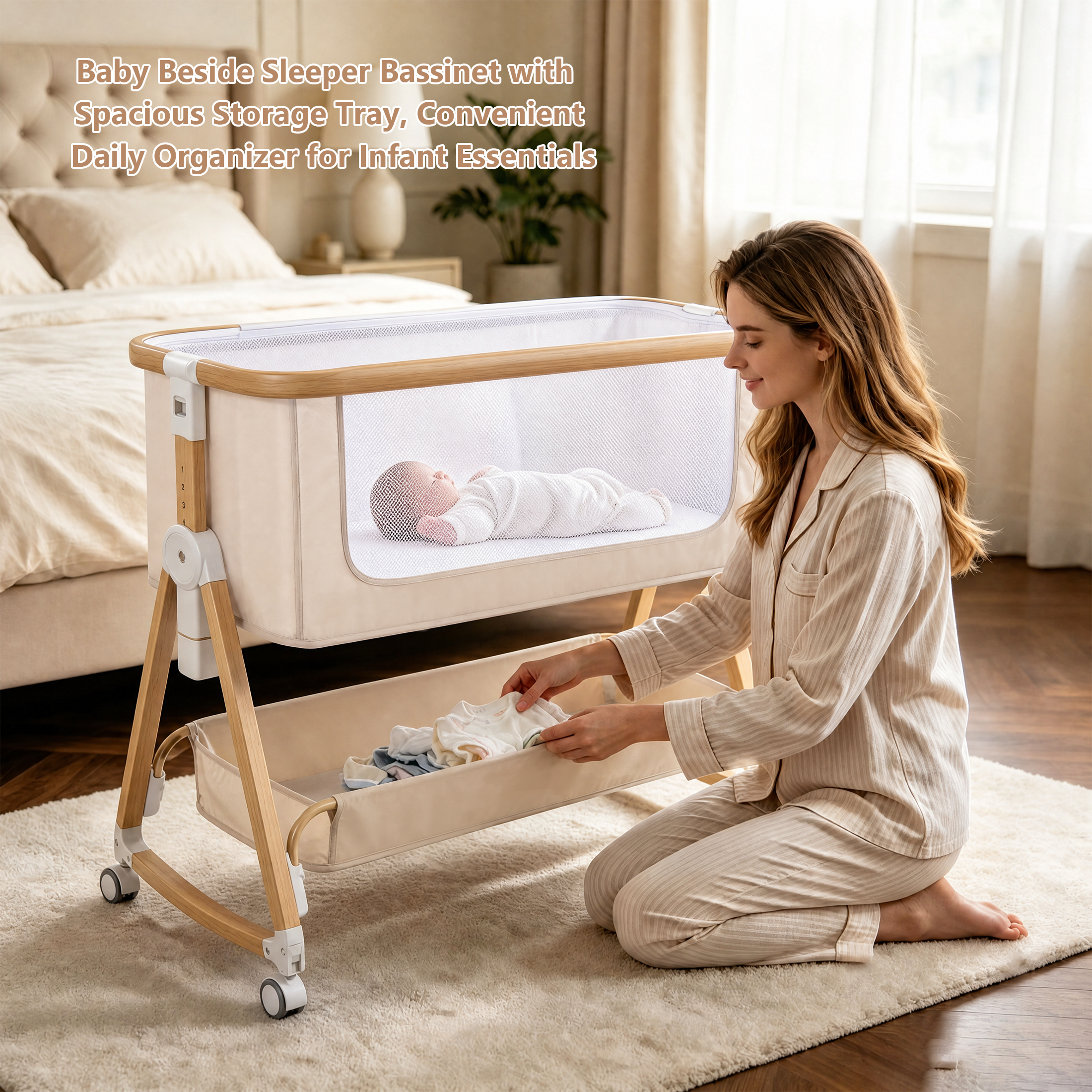 PRVAETU Baby Bassinet Bedside Sleeper, 6-Level Height Adjustable Bedside Crib with 360° Silent Lockable Wheels, Portable Bassinet for Newborns and Infants