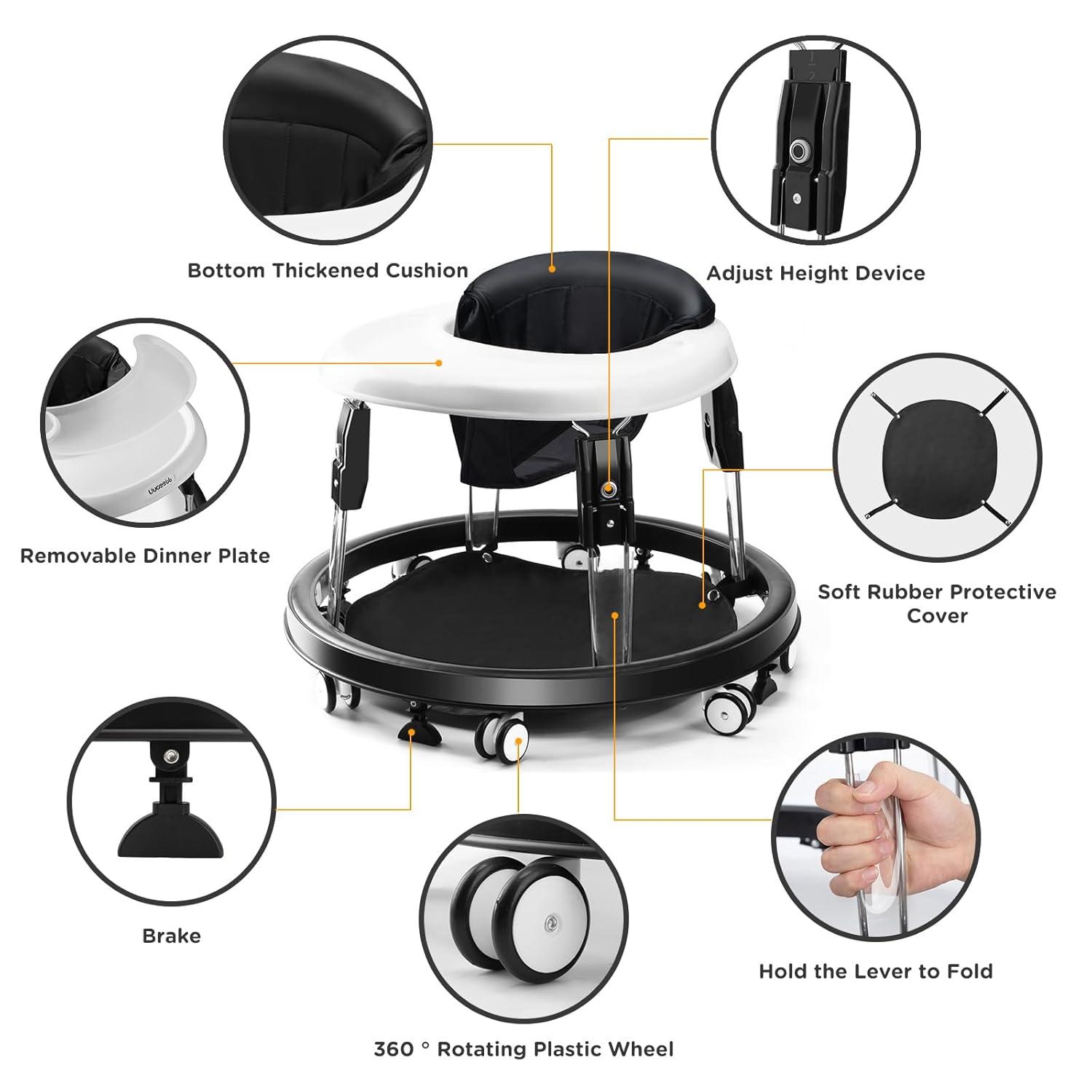 PRVAETU Foldable Baby Walker Activity Center W/ Wheels,Height Adjustable W/ Dinner Plate & Foot Pad for 6-18 Months Babies Infant Boys Girls