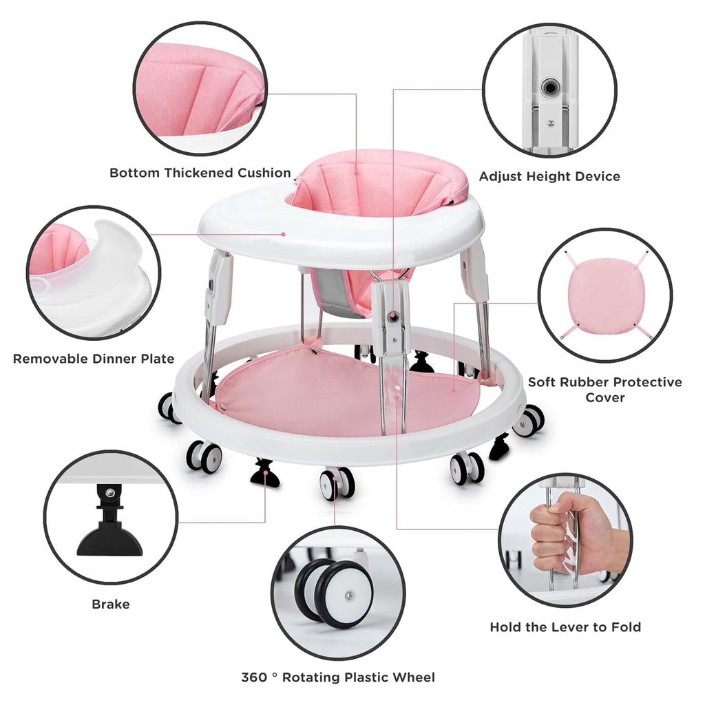 PRVAETU Foldable Baby Walker Activity Center W/ Wheels,Height Adjustable W/ Dinner Plate & Foot Pad for 6-18 Months Babies Infant Boys Girls