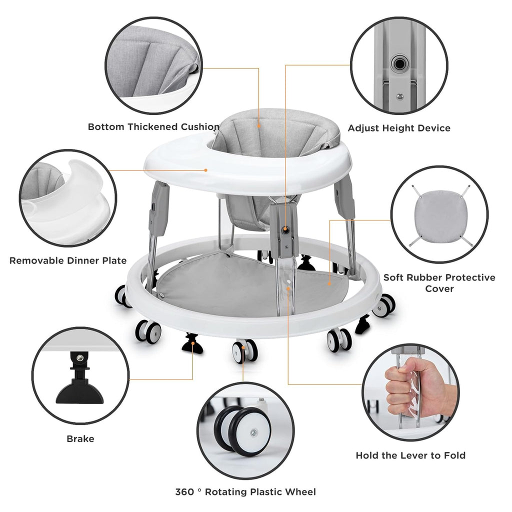 PRVAETU Foldable Baby Walker Activity Center W/ Wheels,Height Adjustable W/ Dinner Plate & Foot Pad for 6-18 Months Babies Infant Boys Girls