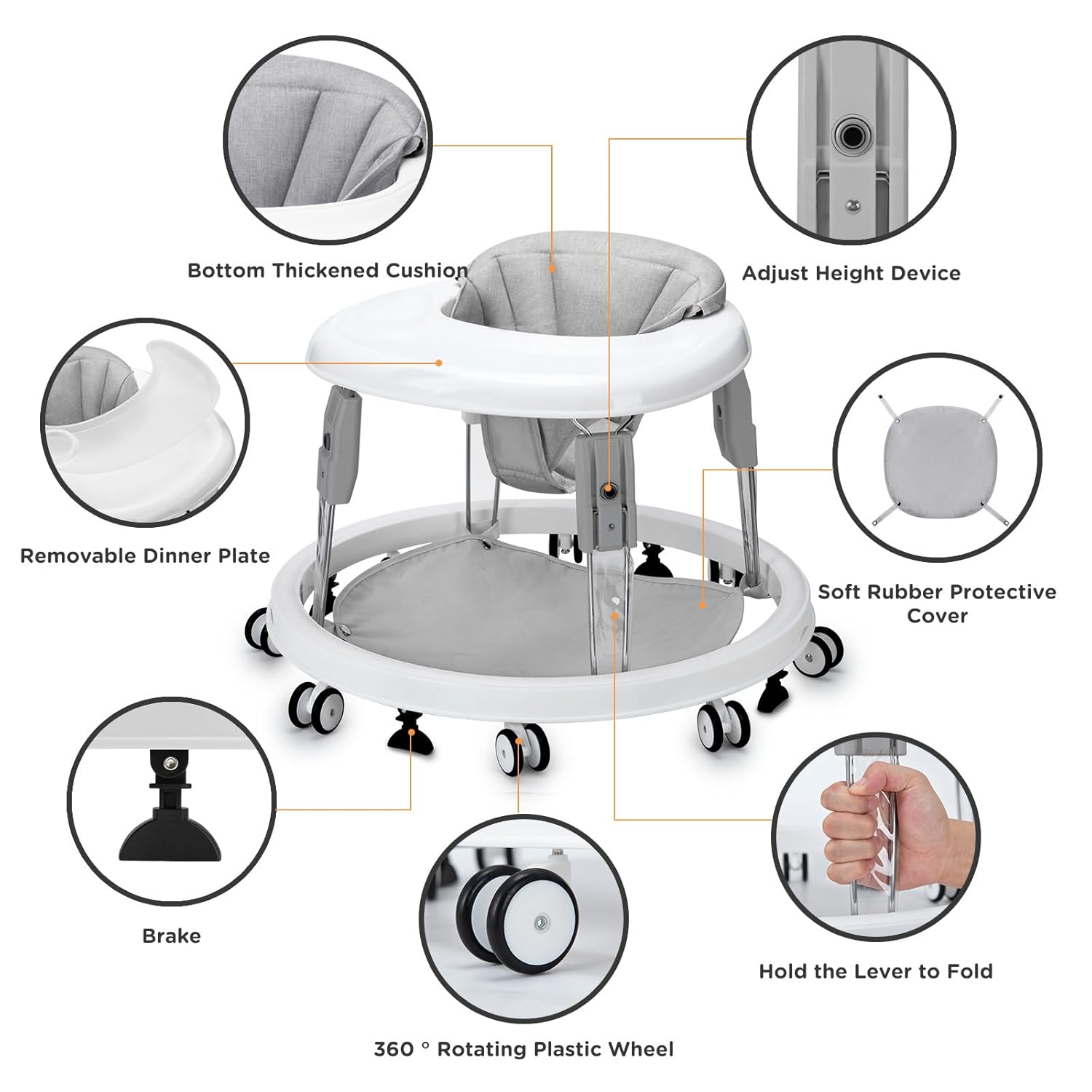 PRVAETU Foldable Baby Walker Activity Center W/ Wheels,Height Adjustable W/ Dinner Plate & Foot Pad for 6-18 Months Babies Infant Boys Girls