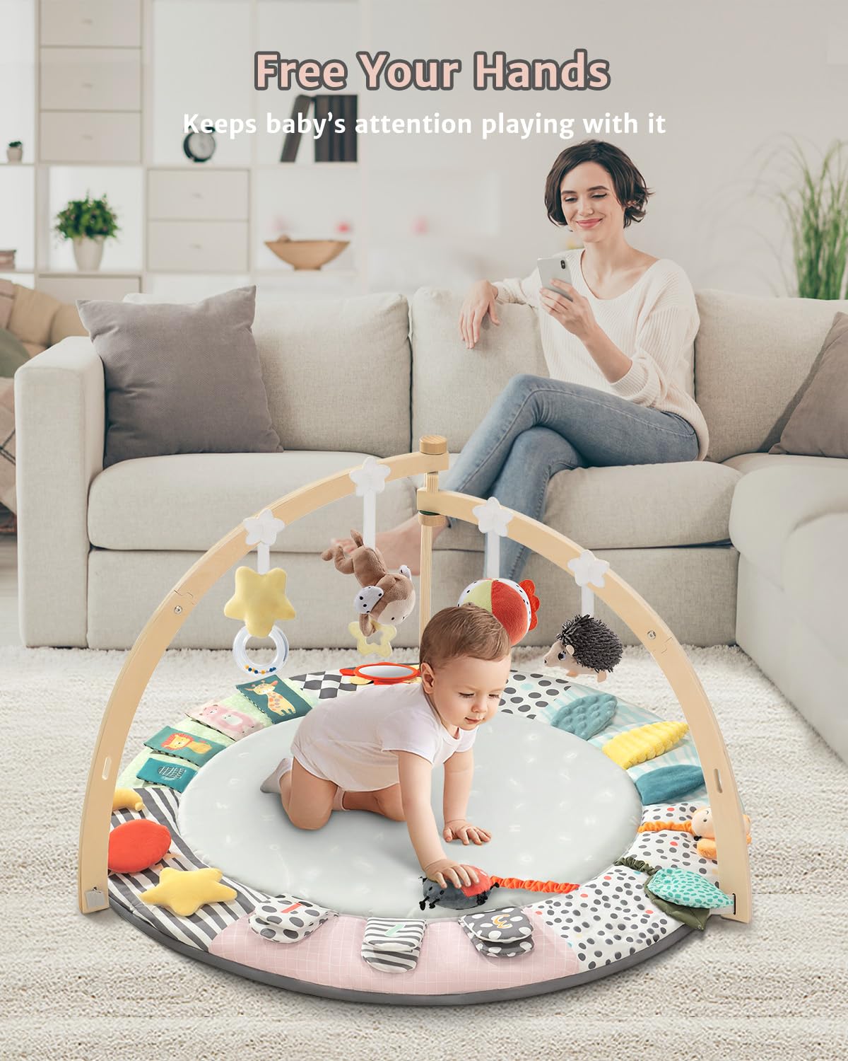 PRVAETU Wooden Baby Gym Play Mat, Foldable Tummy Time Playmat W/ 7 Detachable Toys for Infant Newborn Toddler Motor Skills Sensory Development