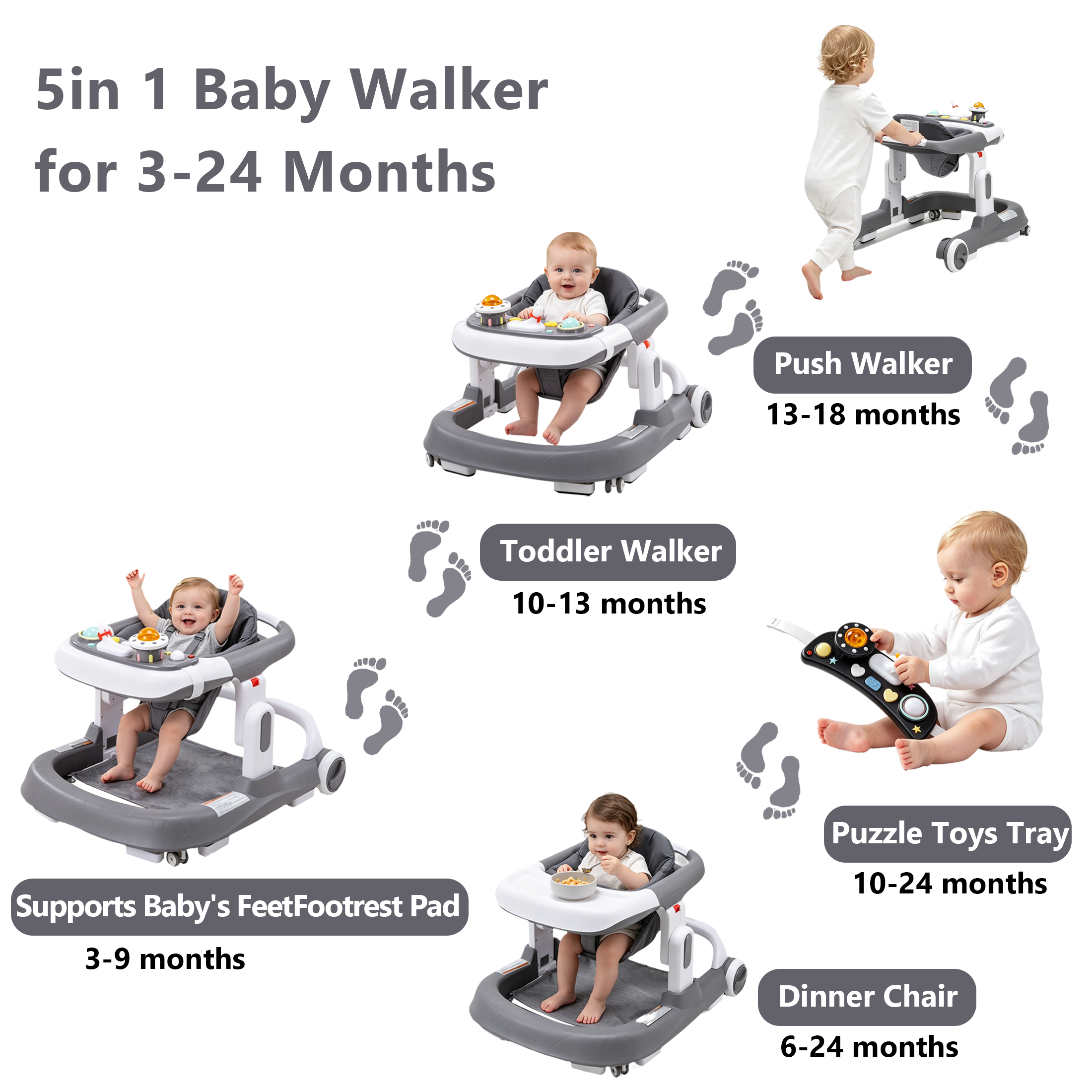 PRVAETU 4-in-1 Baby Walker with Wheels, Adjustable Height, Music and Light for Girls Boys Infant 6-18 Months