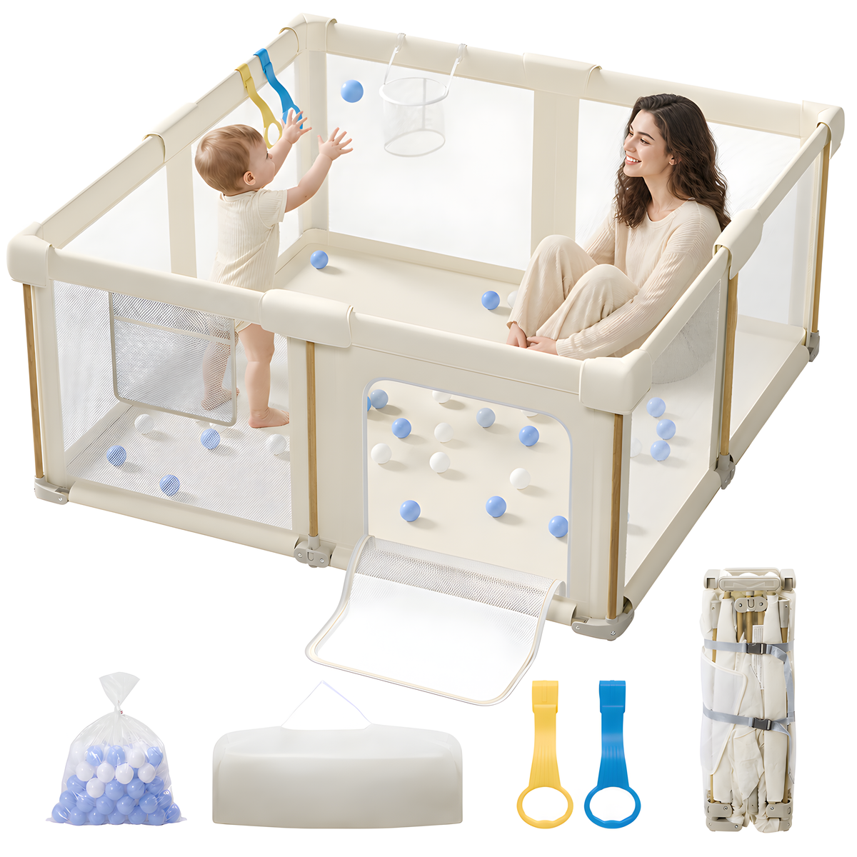 PRVAETU Foldable Baby Playpen & Playard with Mat for Boys Girls