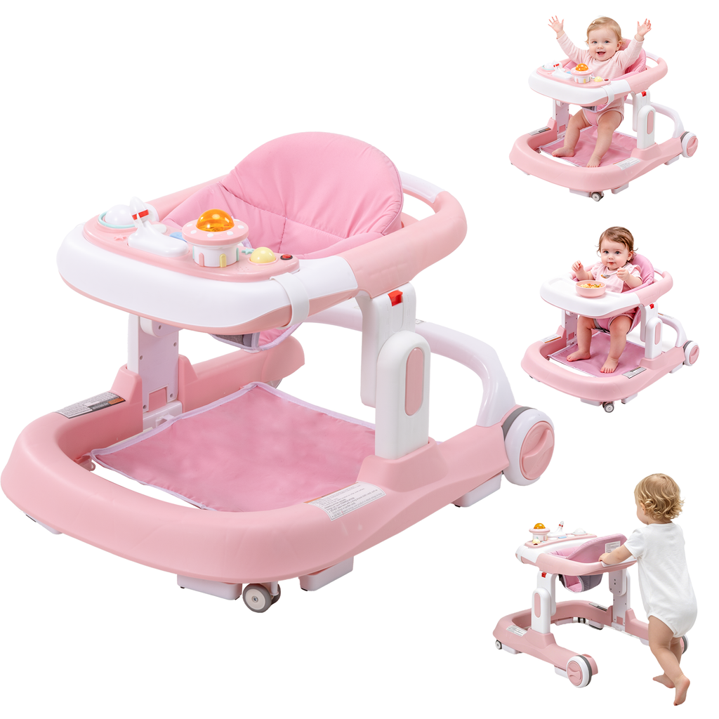 PRVAETU 4-in-1 Baby Walker with Wheels, Adjustable Height, Music and Light for Girls Boys Infant 6-18 Months